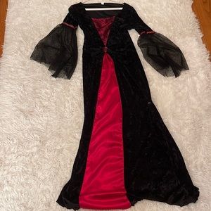 Black & Red Vampire Felt Maxi Dress Costume with Web Lace Sleaves